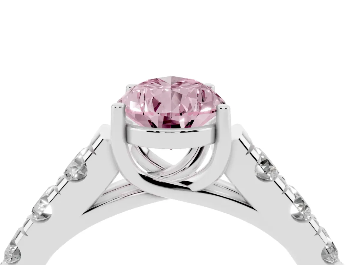 Fancy Pink Pear Cut Cut Diamond Solitaire Ring with Micro Pave Band and Prong Setting Platinum