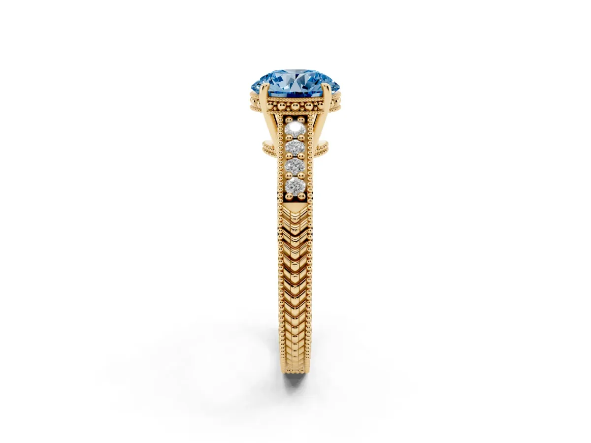 Fancy Blue Round Cut Solitaire Pavé Diamond Milgrain Engagement Ring with Four-Prong Setting Yellow gold