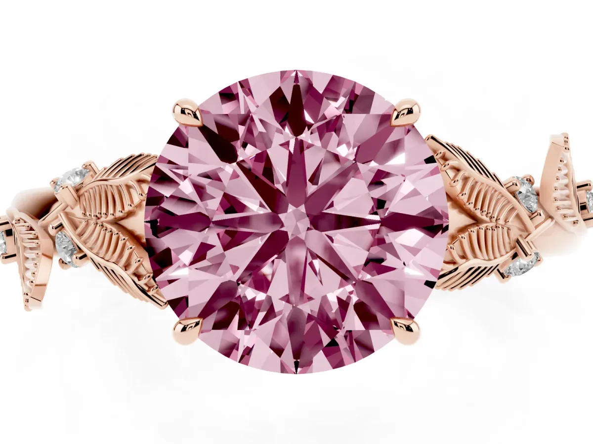Fancy Pink Round Cut Diamond Solitaire Ring with Leaf Motif Band and Four-Prong Setting Rose gold