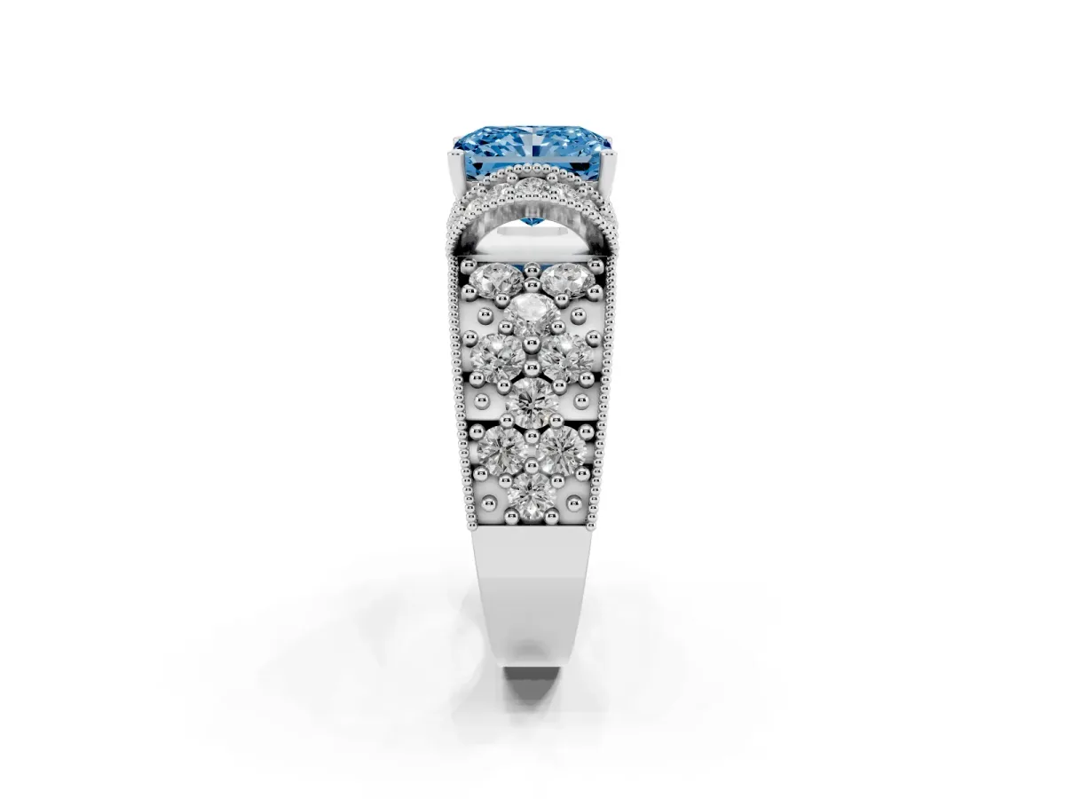 Fancy Blue Radiant Cut Halo Pave Diamond Engagement Ring with Milgrain Detailing Silver