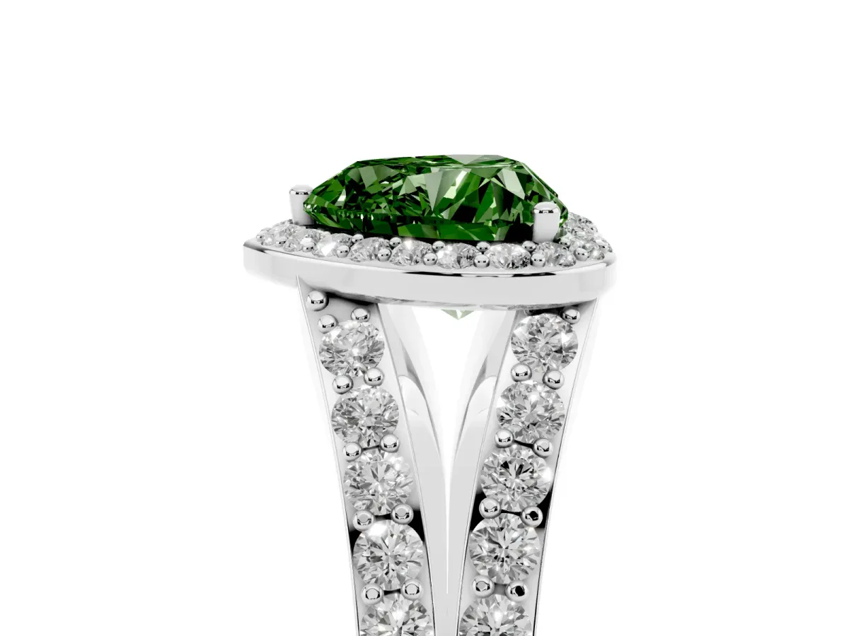 Fancy Green Heart Cut Diamond Split Shank Halo Ring with Four-Prong Setting Silver