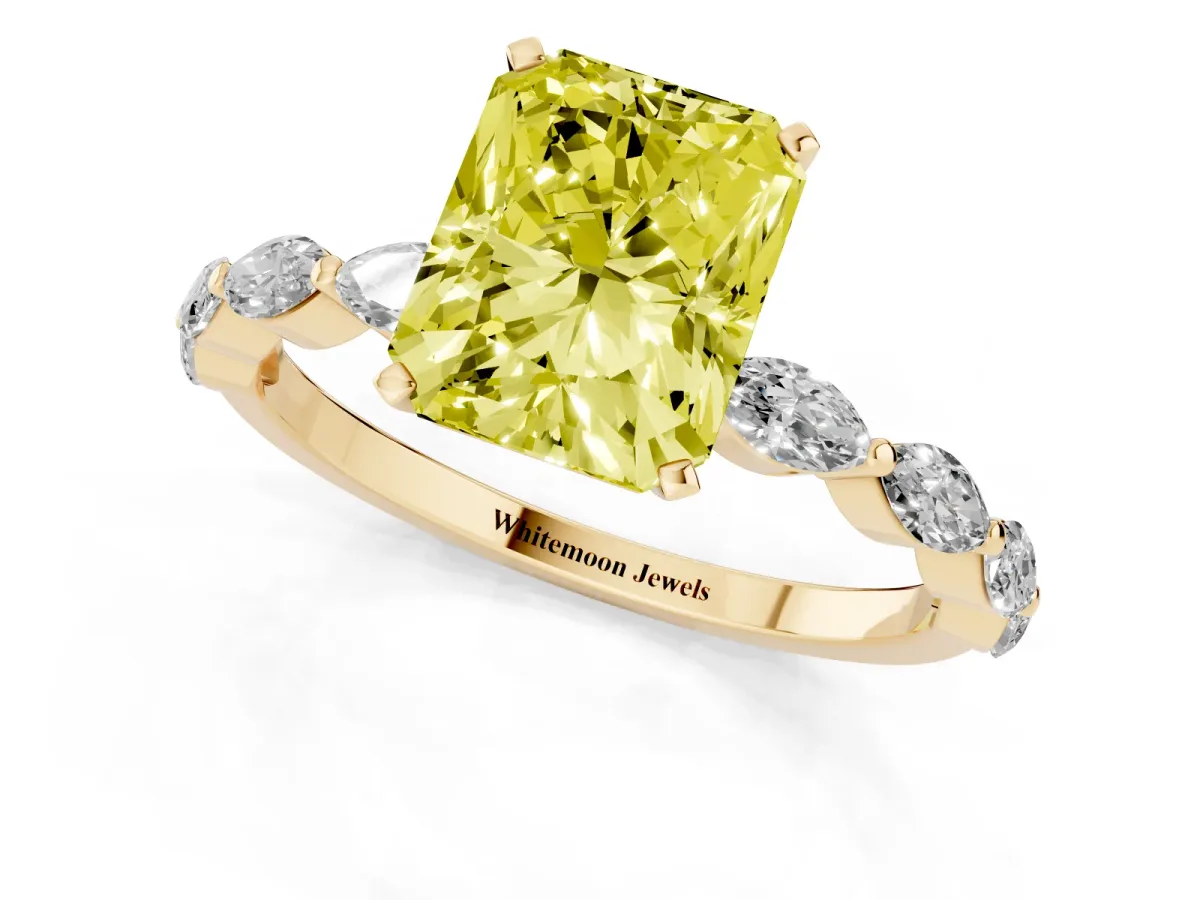 Fancy Yellow Radiant Cut Diamond Ring with Marquise Side Stones and Prong Setting Yellow gold