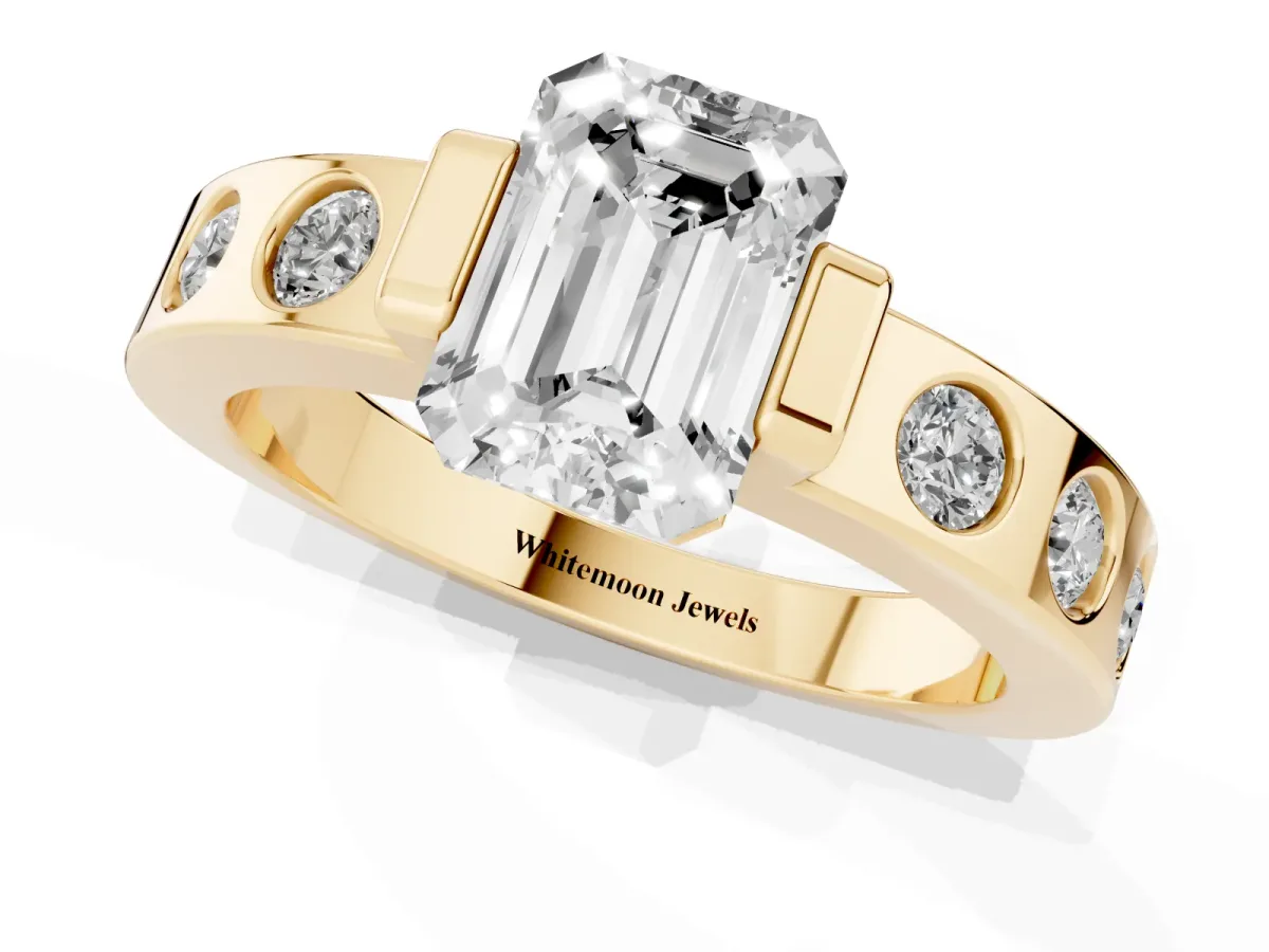 Emerald Cut Brilliant Channel-Set Diamond Ring with Bezel Prong Setting Yellow gold