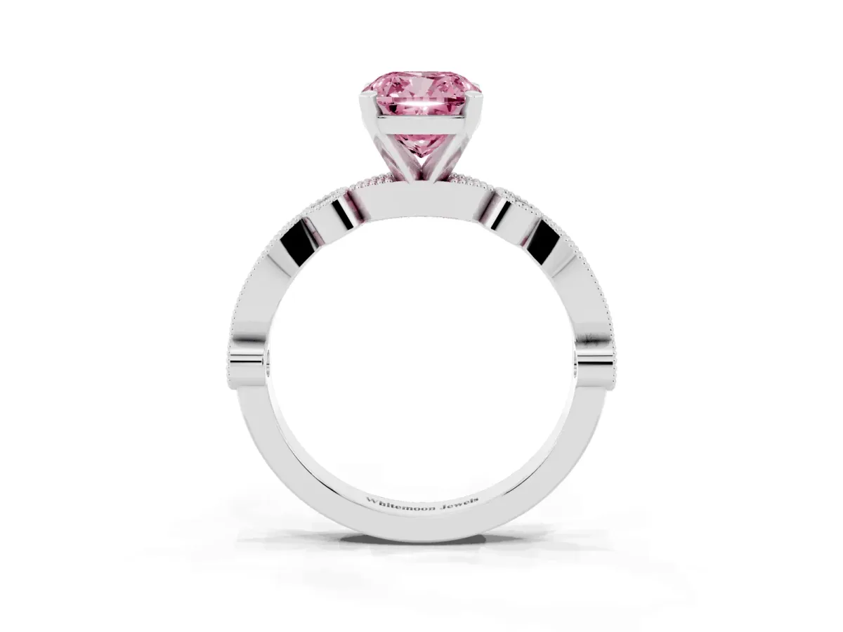 Fancy Pink Cushion Cut Milgrain Bezel Diamond Engagement Ring with Solitaire Prong Setting Silver