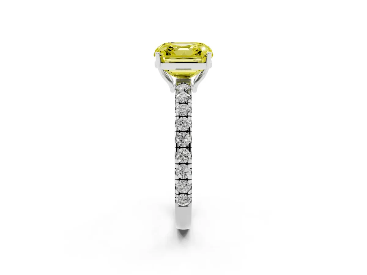 Fancy Yellow Asscher Cut Diamond Pavé Solitaire Engagement Ring with Four-Prong Setting Silver