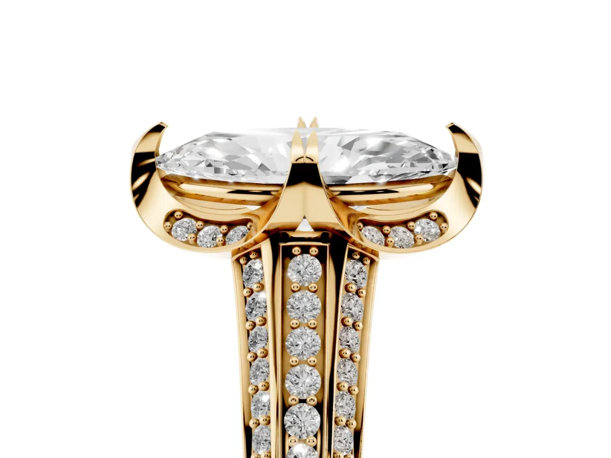 Marquise Cut Solitaire Pave Split Shank Ring with Four-Prong Setting Yellow gold