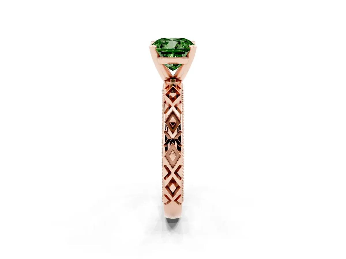 Fancy Green Cushion Cut Solitaire Diamond Ring with Milgrain and Black Enamel X Pattern Band Rose gold