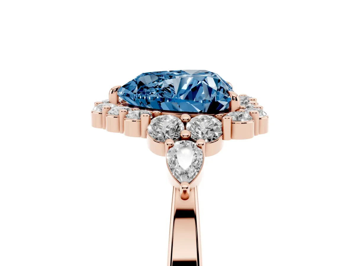 Fancy Blue Heart Cut Diamond Halo Ring with Pear Side Stones and Prong Setting Rose gold