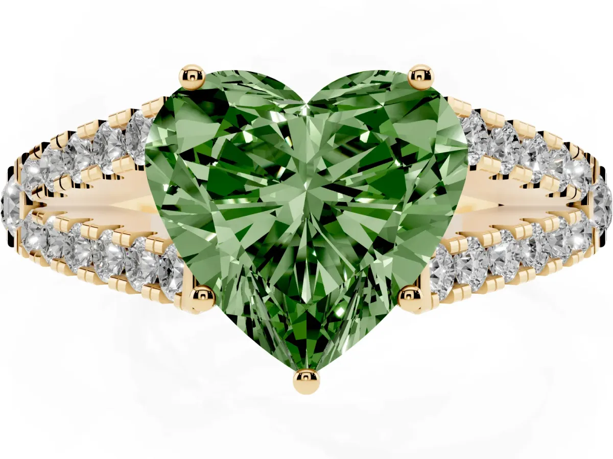 Fancy Green Heart Cut Diamond Split Shank Pavé Engagement Ring with Four-Prong Setting Yellow gold