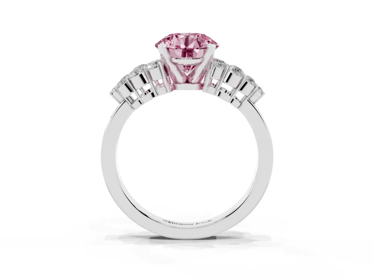 Fancy Pink Round Cut Cluster Diamond Engagement Ring with Pavé Band and Four-Prong Setting Platinum