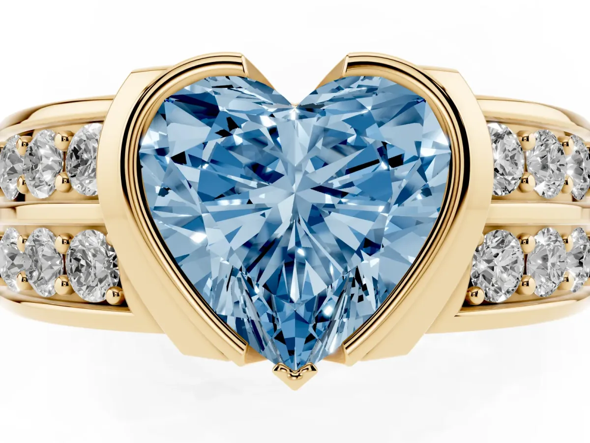 Fancy Blue Heart Cut Brilliant Diamond Channel Set Wide Band Ring with Bezel Setting Yellow gold