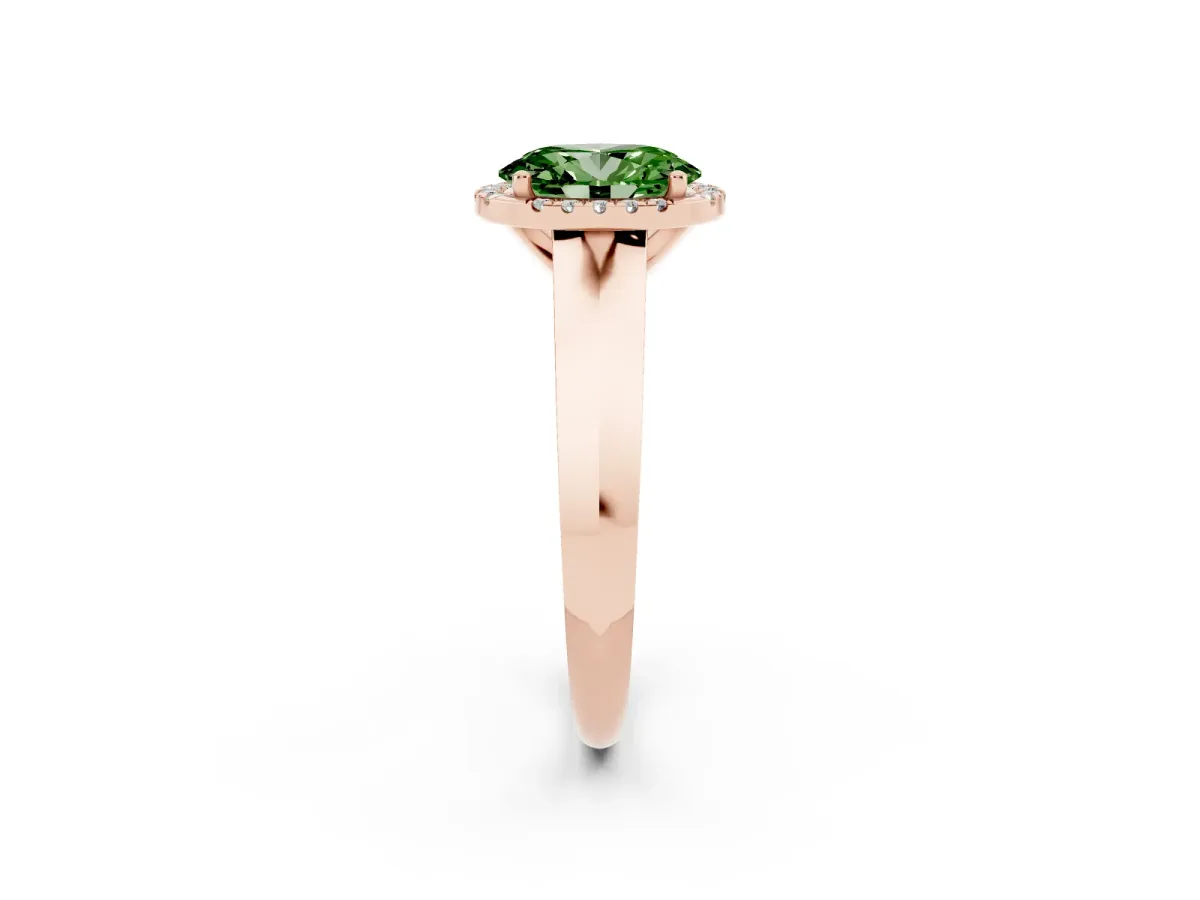 Fancy Green Oval Cut Halo Diamond Ring with Cathedral Band and Four-Prong Setting Rose gold