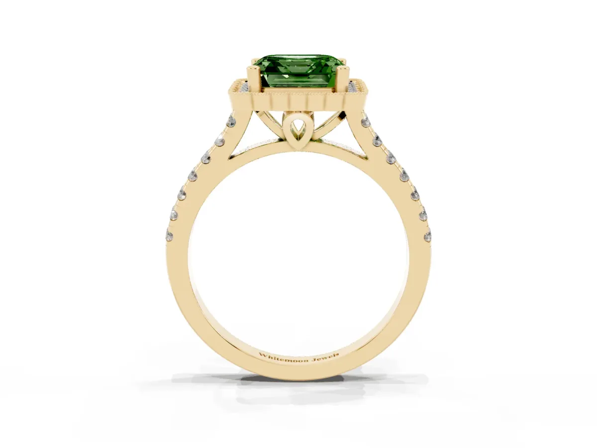 Fancy Green Asscher Cut Cut Diamond Milgrain Floral Halo Engagement Ring with Pavé Band Yellow gold