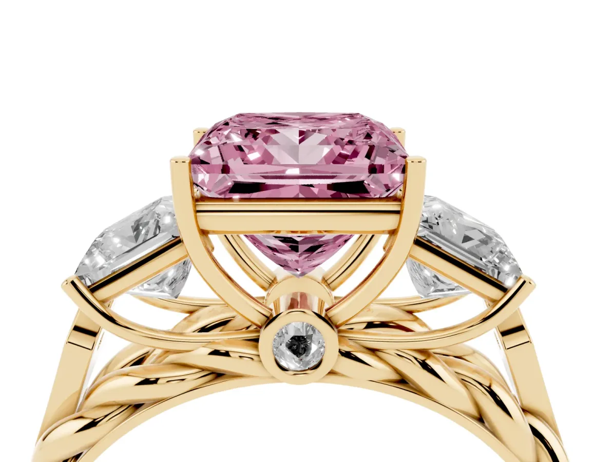 Fancy Pink Three-Stone Princess Cut Diamond Braided Band Ring with Four-Prong Setting Yellow gold