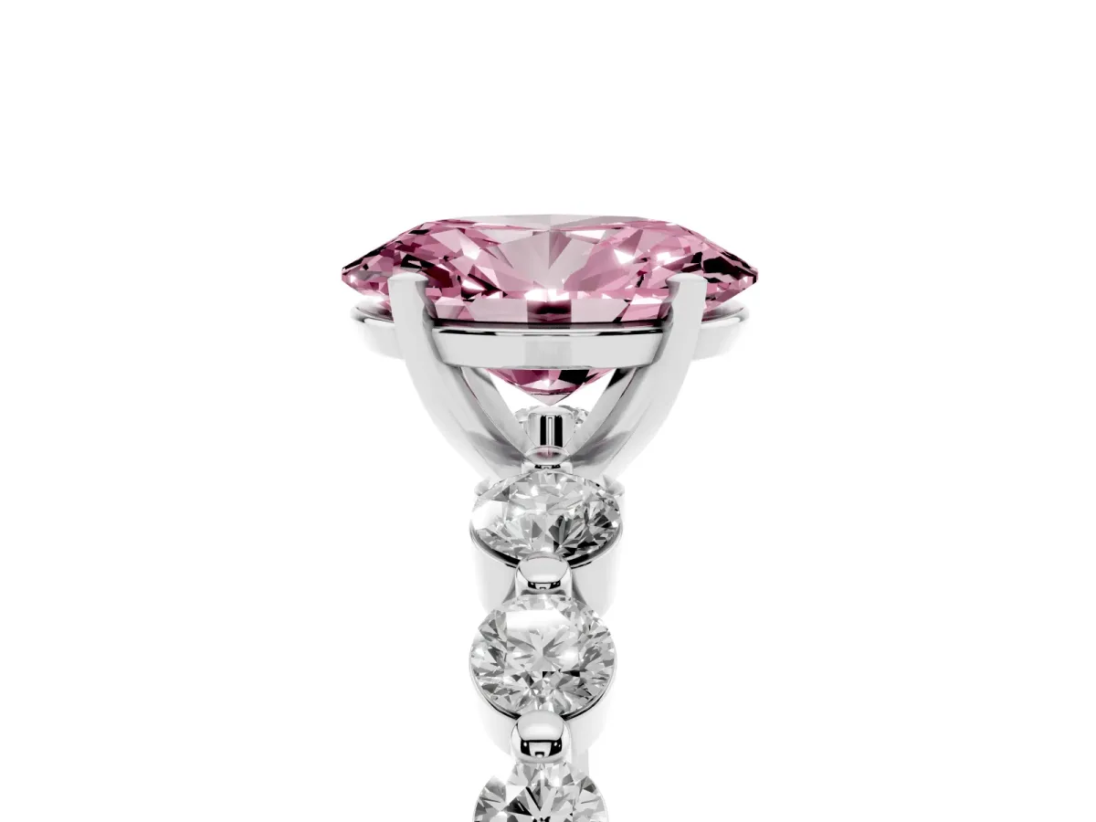 Fancy Pink Oval Cut Solitaire Diamond Ring with Pave Band and Four-Prong Setting Silver
