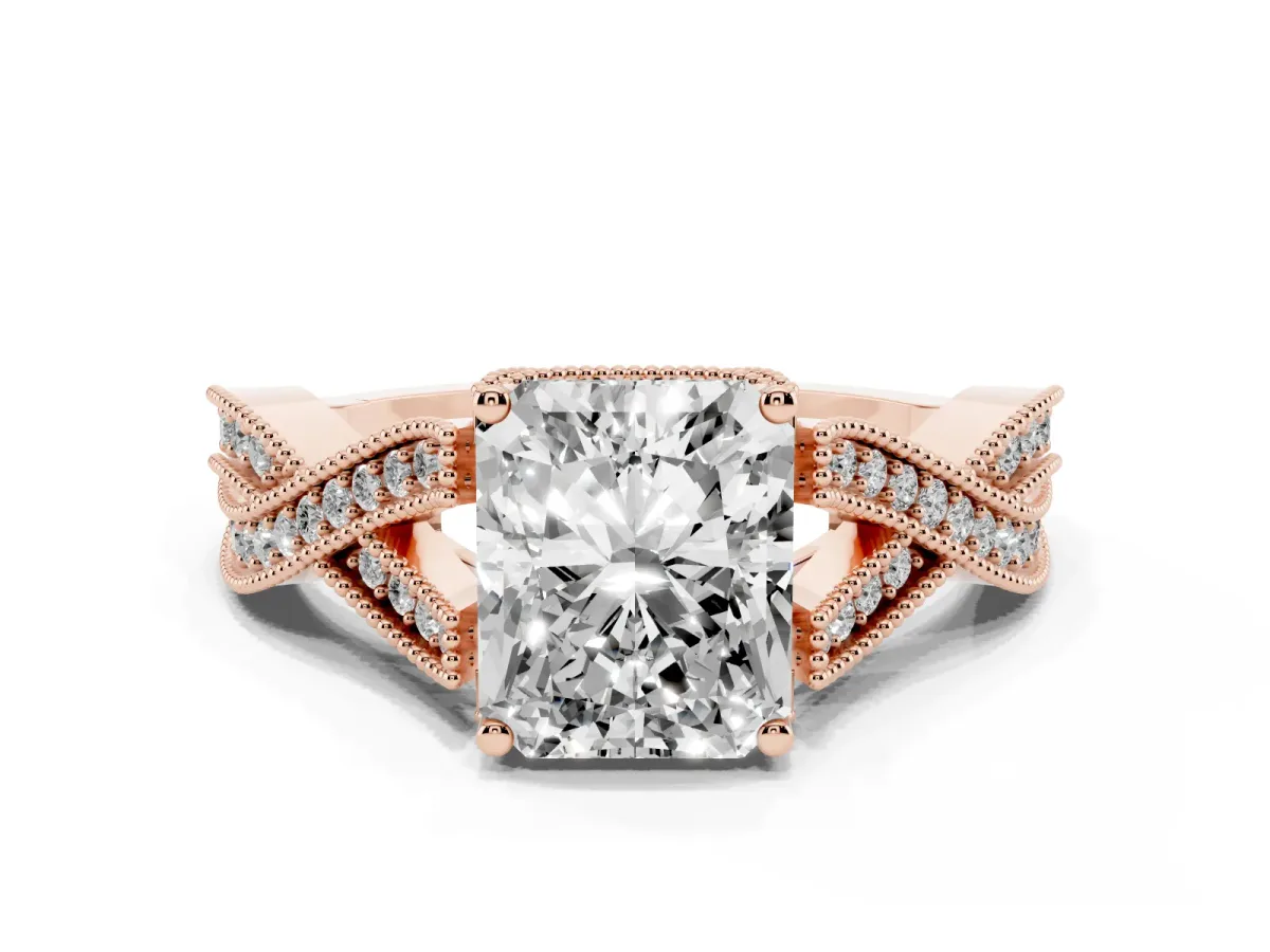 Radiant Cut Cut Diamond Twisted Band with Milgrain Pave Setting and Four-Prong Setting Rose gold