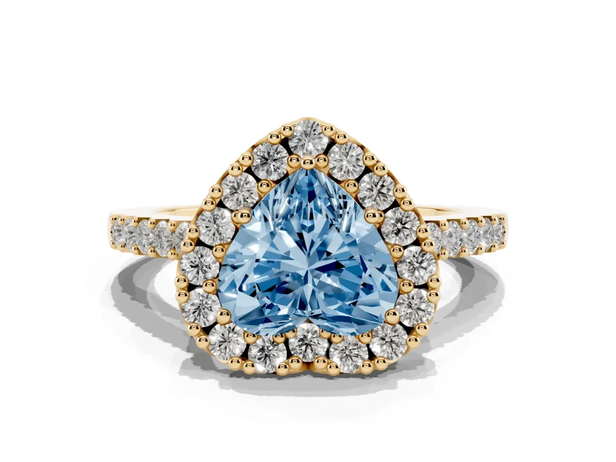Fancy Blue Heart Cut Halo Diamond Pavé Solitaire Ring Yellow gold