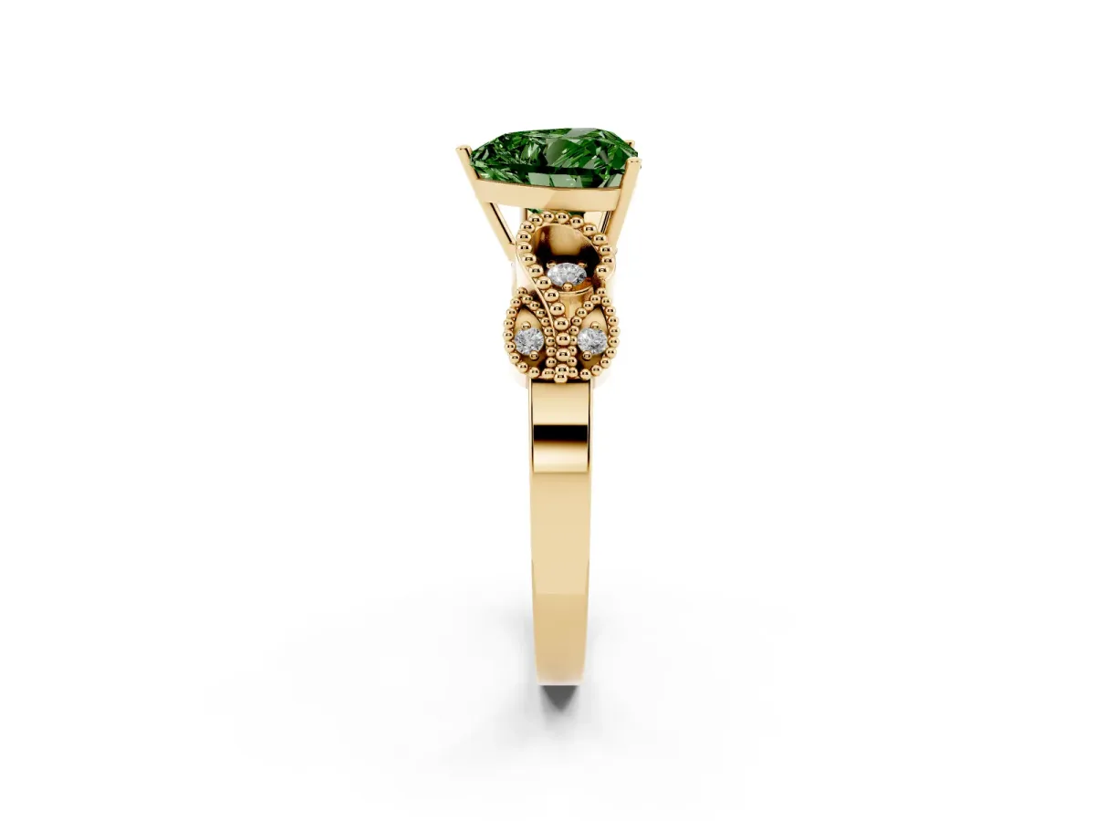 Fancy Green Heart Cut Solitaire Milgrain Leaf Band with Prong Setting Yellow gold
