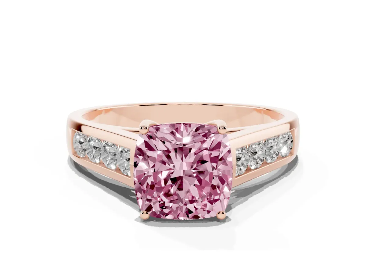 Fancy Pink Cushion Cut Brilliant Channel-Set Solitaire Ring with Four-Prong Setting Rose gold