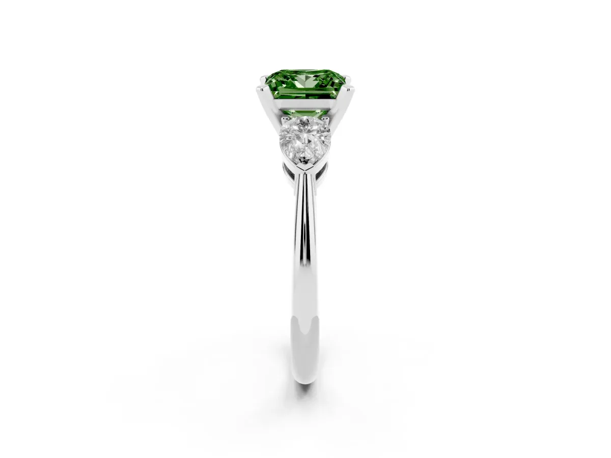 Fancy Green Three-Stone Princess Cut Diamond Ring with Pear Side Stones and Four-Prong Setting Silver