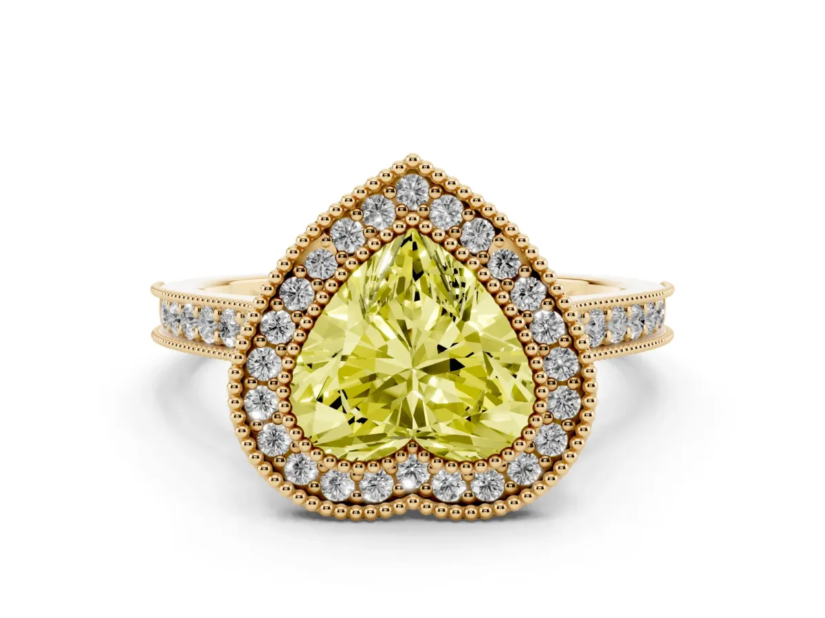 Fancy Yellow Halo Heart Cut-Cut Diamond Pave Band Milgrain Prong Setting Ring Yellow gold