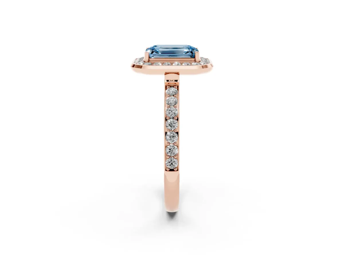 Fancy Blue Emerald Cut Diamond Halo Ring with Bezel Frame and Pavé Band Rose gold