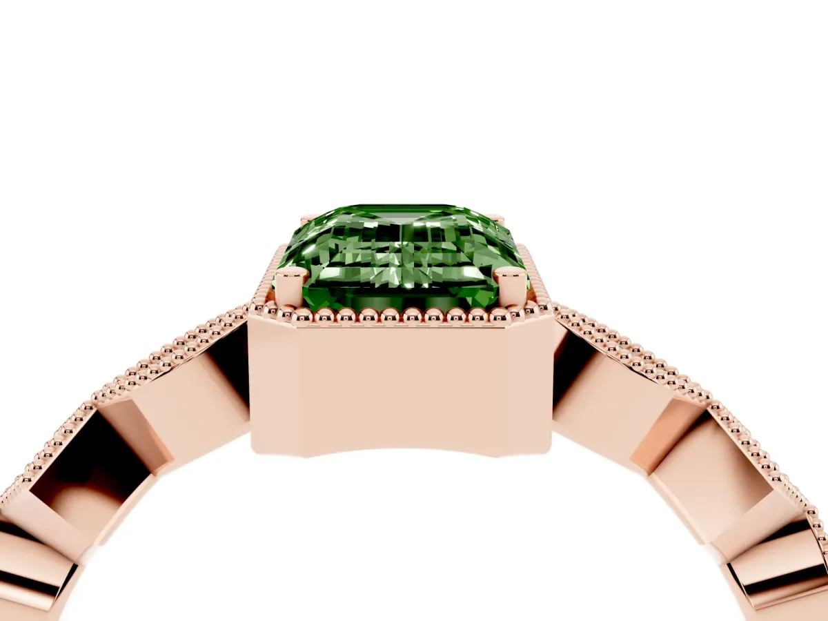 Fancy Green Emerald Cut Milgrain Marquise Diamond Twist Band Ring Rose gold