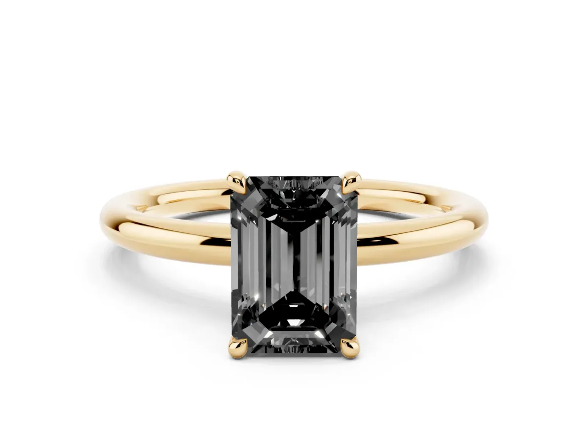 Fancy Black Emerald Cut Diamond Solitaire Ring with Thin Band and Four-Prong Setting Yellow gold
