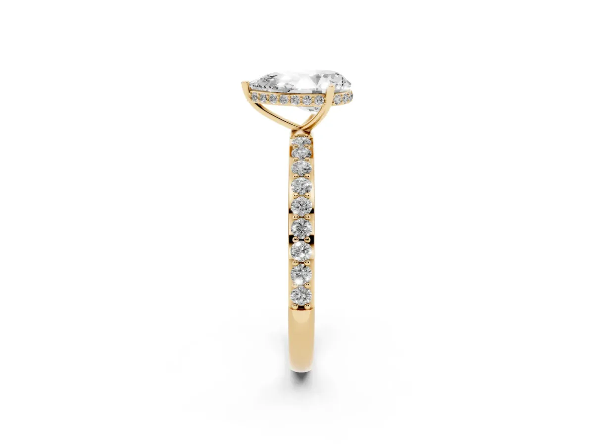 Pear Cut Diamond Solitaire Ring with Pavé Band and Hidden Halo Yellow gold