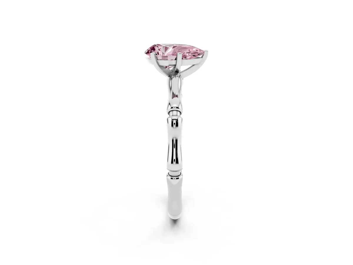 Fancy Pink Pear Cut Solitaire Diamond Ring with Bamboo Band and Four-Prong Setting Platinum