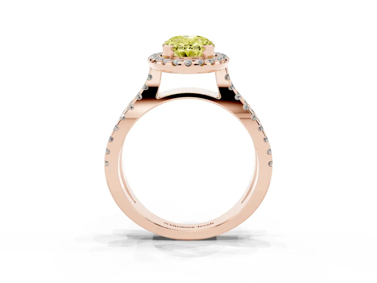Fancy Yellow Oval Cut Diamond Halo Ring with Split Shank Pavé Band and Prong Setting Rose gold