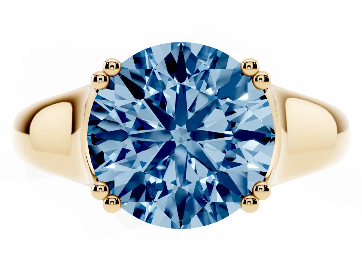 Fancy Blue Round Cut Diamond Solitaire Ring with Wide Band and Prong Setting Yellow gold