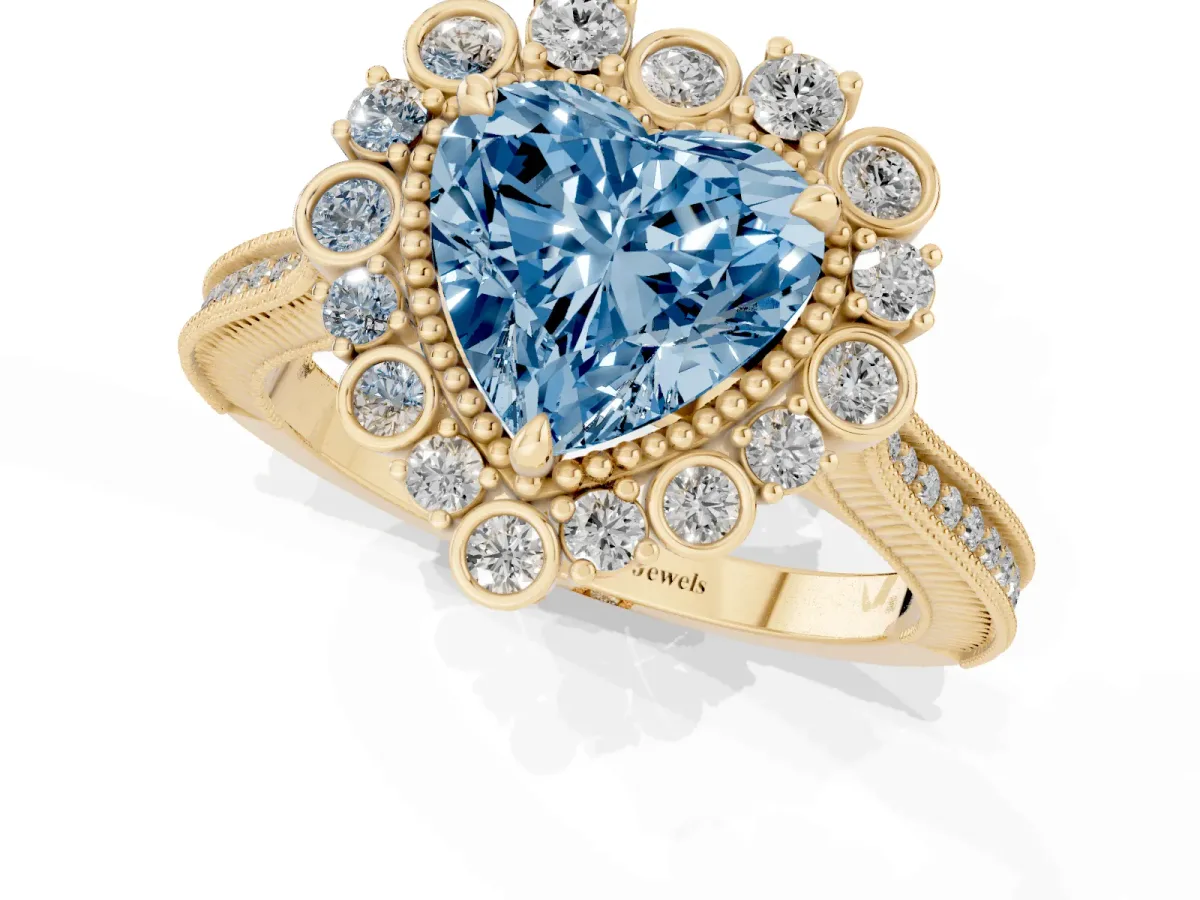 Fancy Blue Heart Cut Halo Milgrain Pave Diamond Ring with Four-Prong Setting Yellow gold