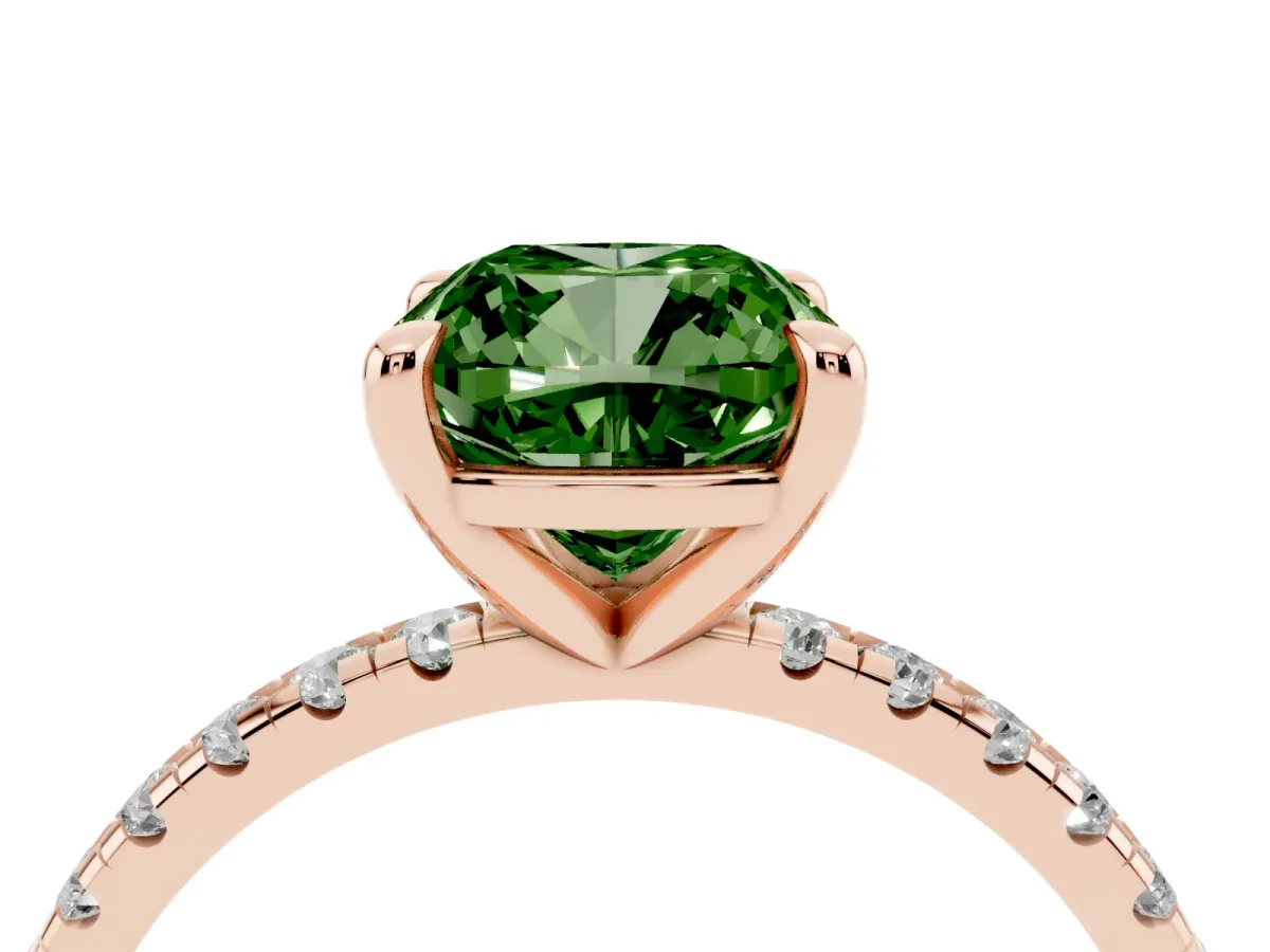 Fancy Green Cushion Cut Diamond Brilliant Solitaire Ring with Pavé Band and Four-Prong Setting Rose gold