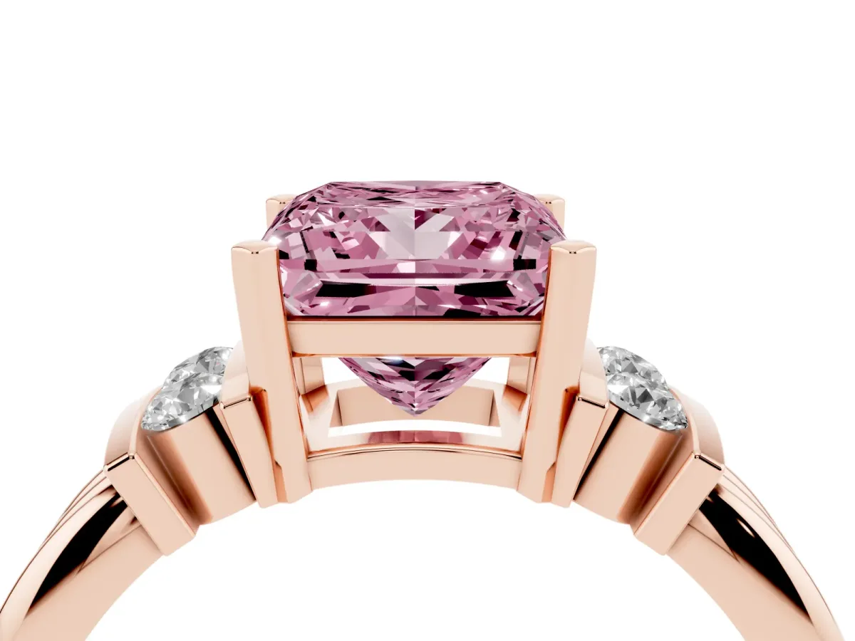 Fancy Pink Princess Cut Cut Three-Stone Channel Set Ring with Bar Prongs Rose gold