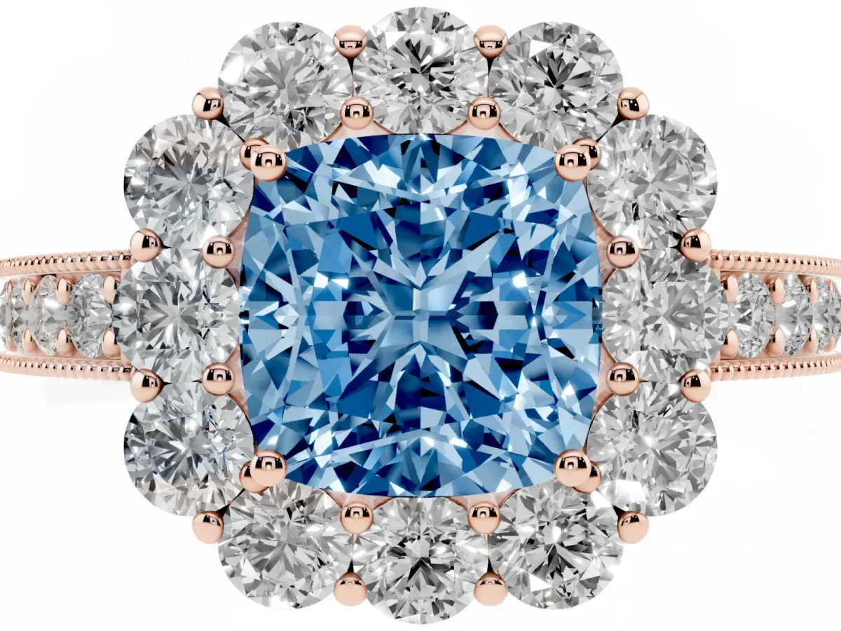Fancy Blue Cushion Cut Cut Halo Diamond Pavé Engagement Ring with Milgrain Detailing Rose gold