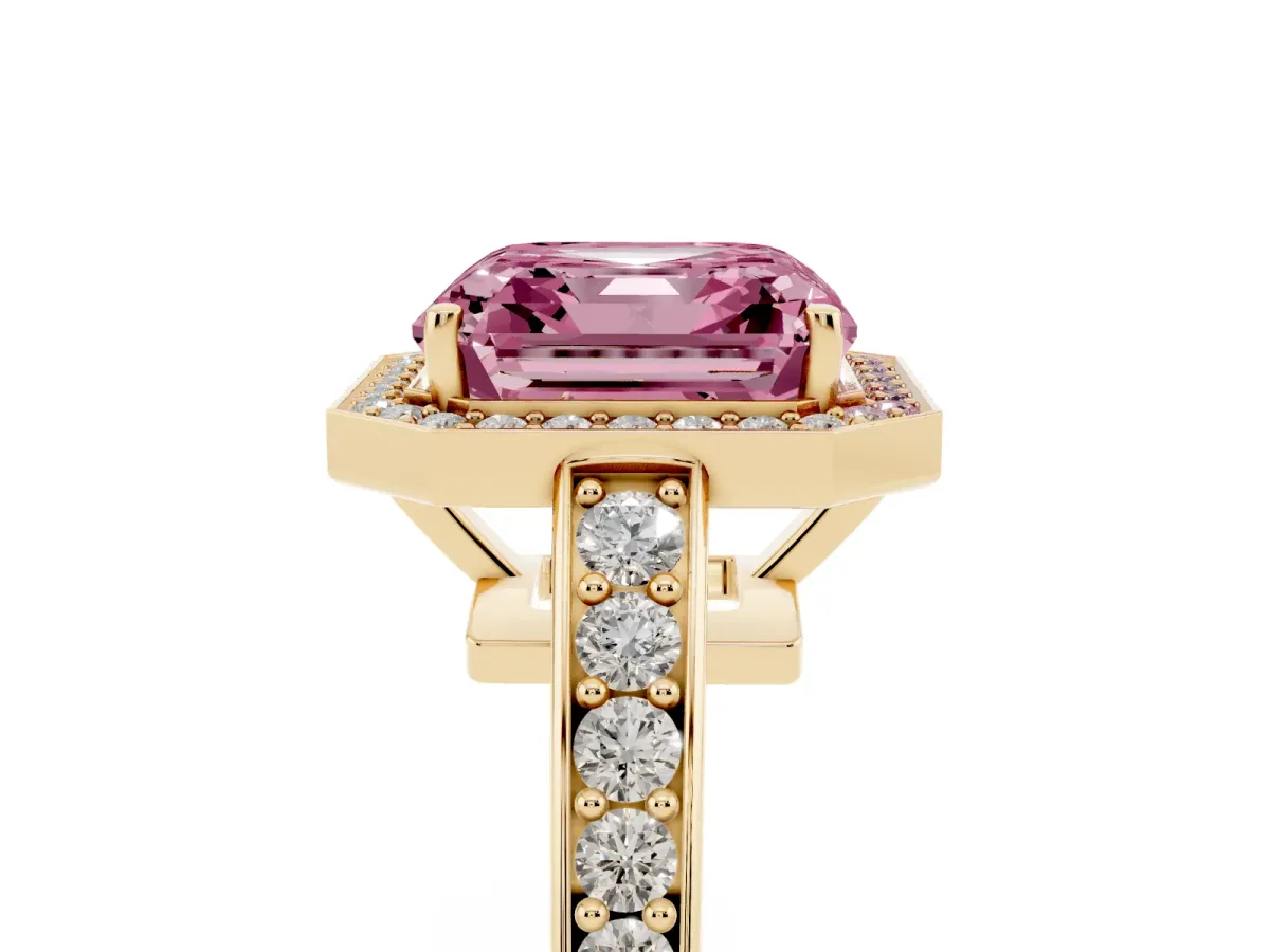 Fancy Pink Asscher Cut Halo Pavé Diamond Engagement Ring with Bezel Setting Yellow gold