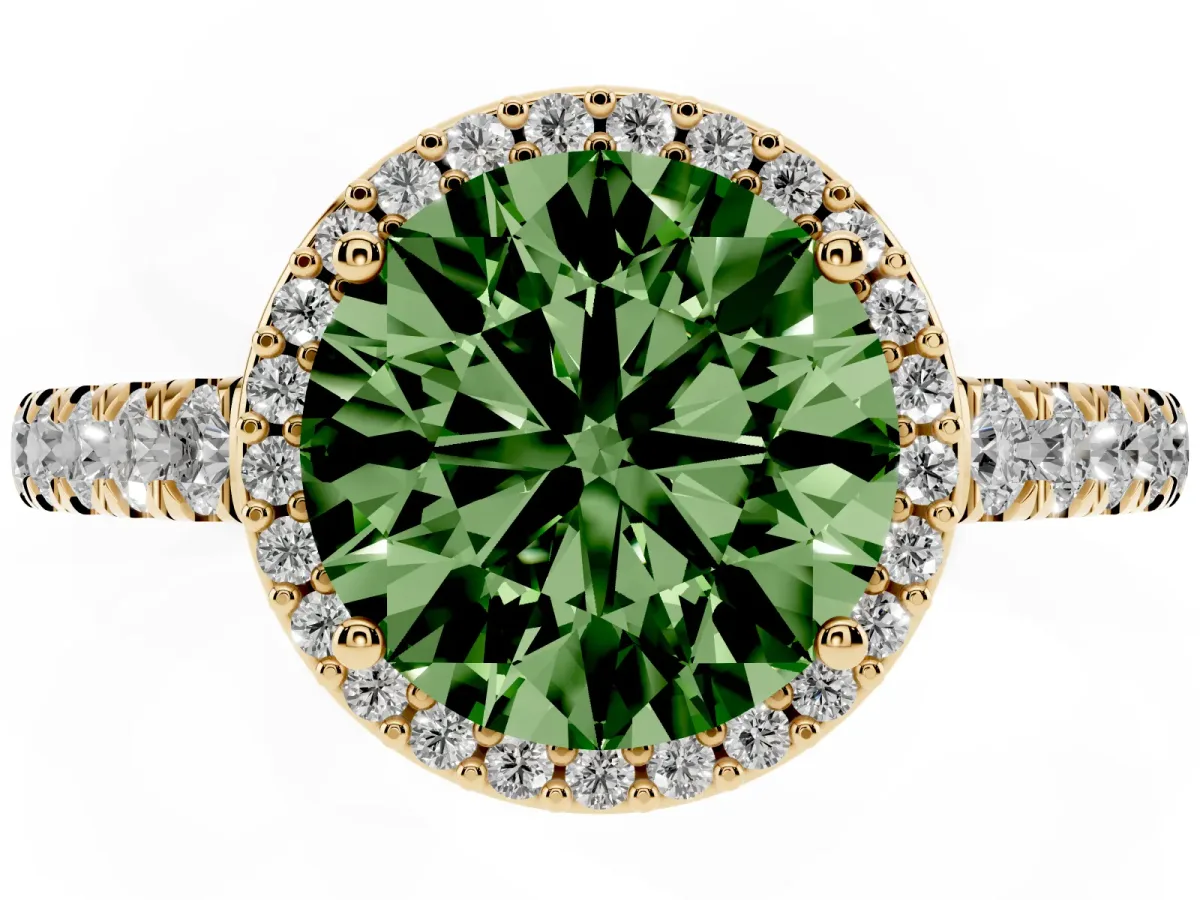 Fancy Green Round Cut Cut Halo Diamond Engagement Ring with Pave Band and Four-Prong Setting Yellow gold