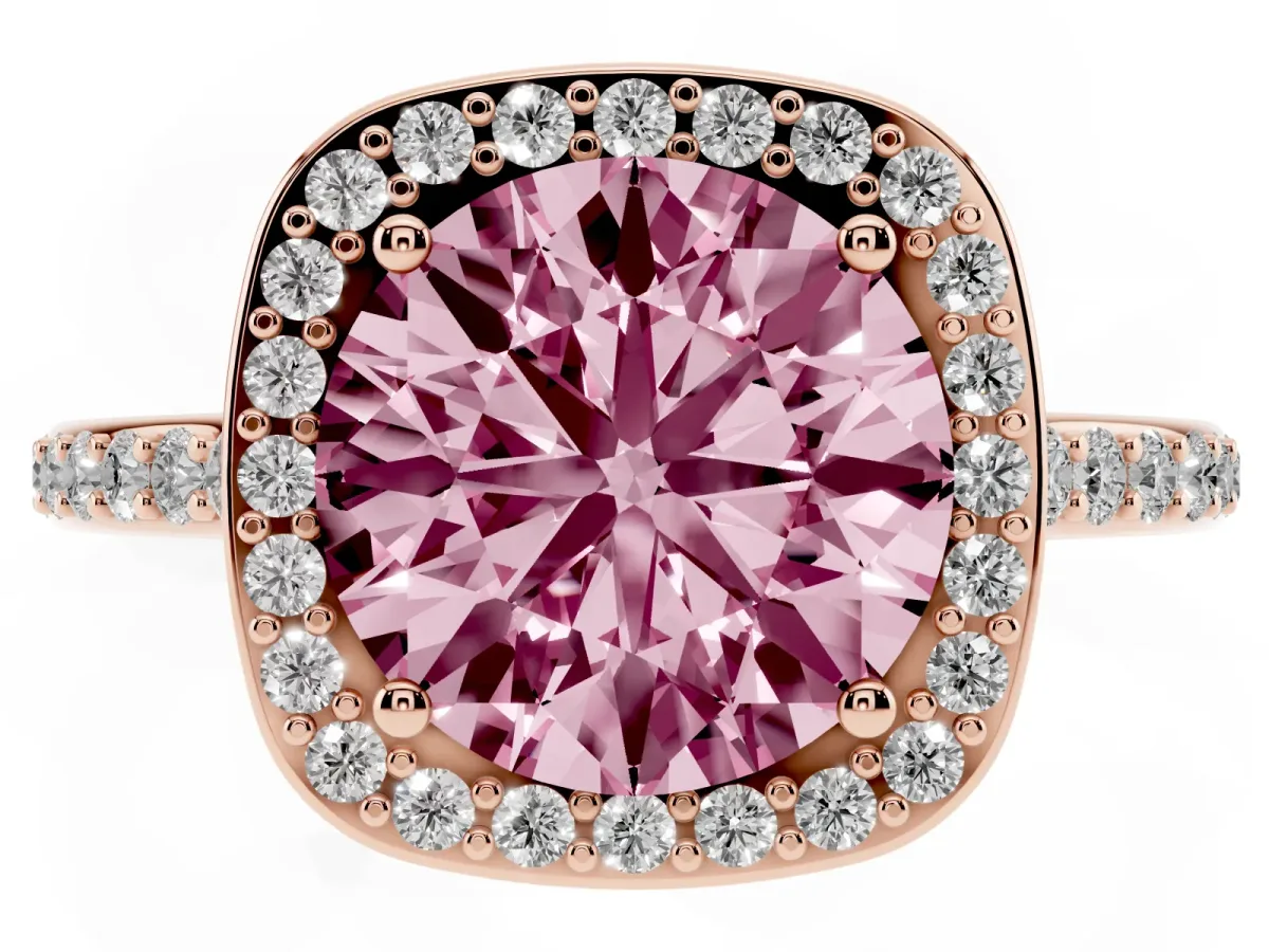 Fancy Pink Round Cut Diamond Halo Engagement Ring with Round Pavé Shoulders and Prong Setting Rose gold