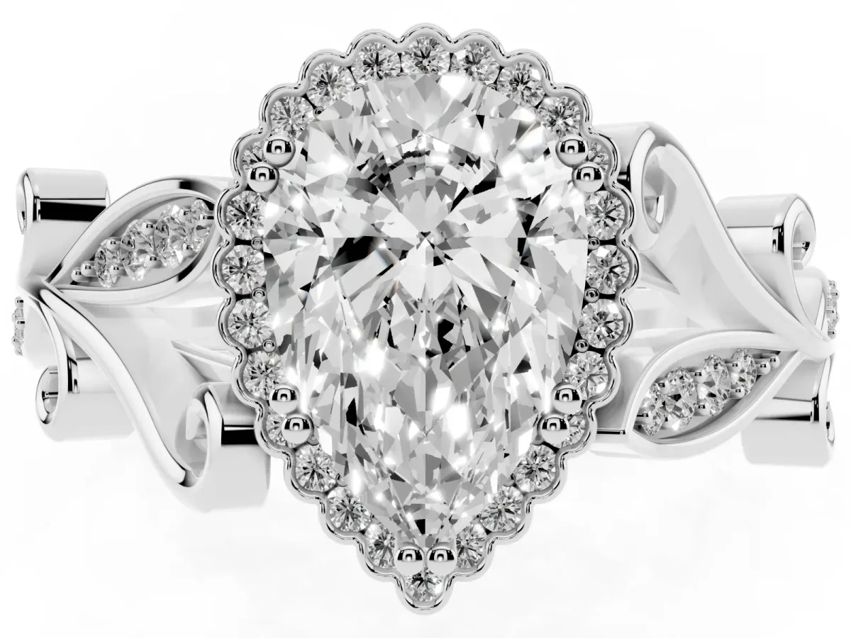 Pear Cut Diamond Halo Ring with Vintage Split Shank and Four-Prong Setting Platinum