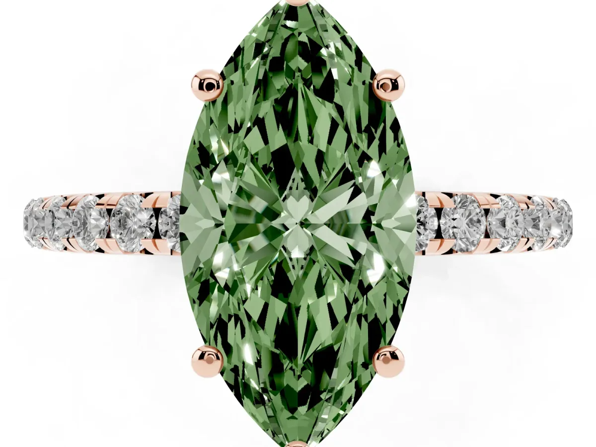 Fancy Green Marquise Cut Cut Diamond Solitaire Ring with Micro Pave Band and Four Prong Setting Rose gold