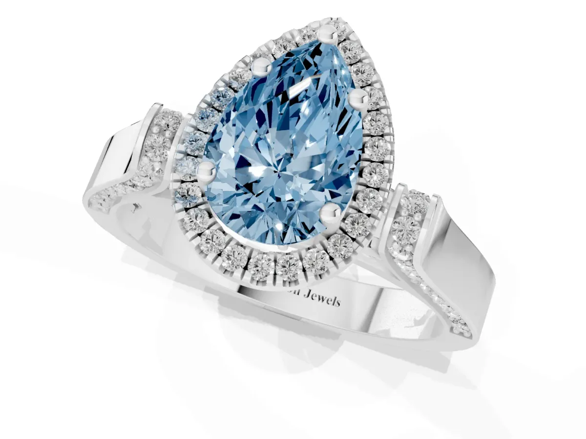 Fancy Blue Pear Cut Halo Pave Split Shank Prong Setting Ring Silver