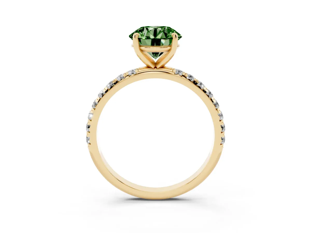 Fancy Green Round Cut Cut Diamond Solitaire Ring with Micro Pave Band and Four Prong Setting Yellow gold