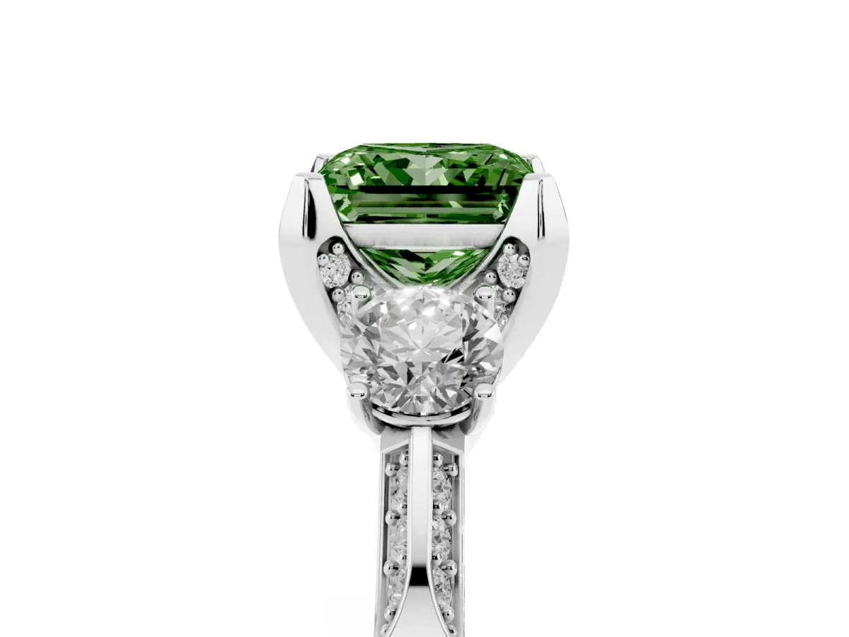 Fancy Green Princess Cut Brilliant Three-Stone Diamond Ring with Pavé Band and Four-Prong Setting Silver