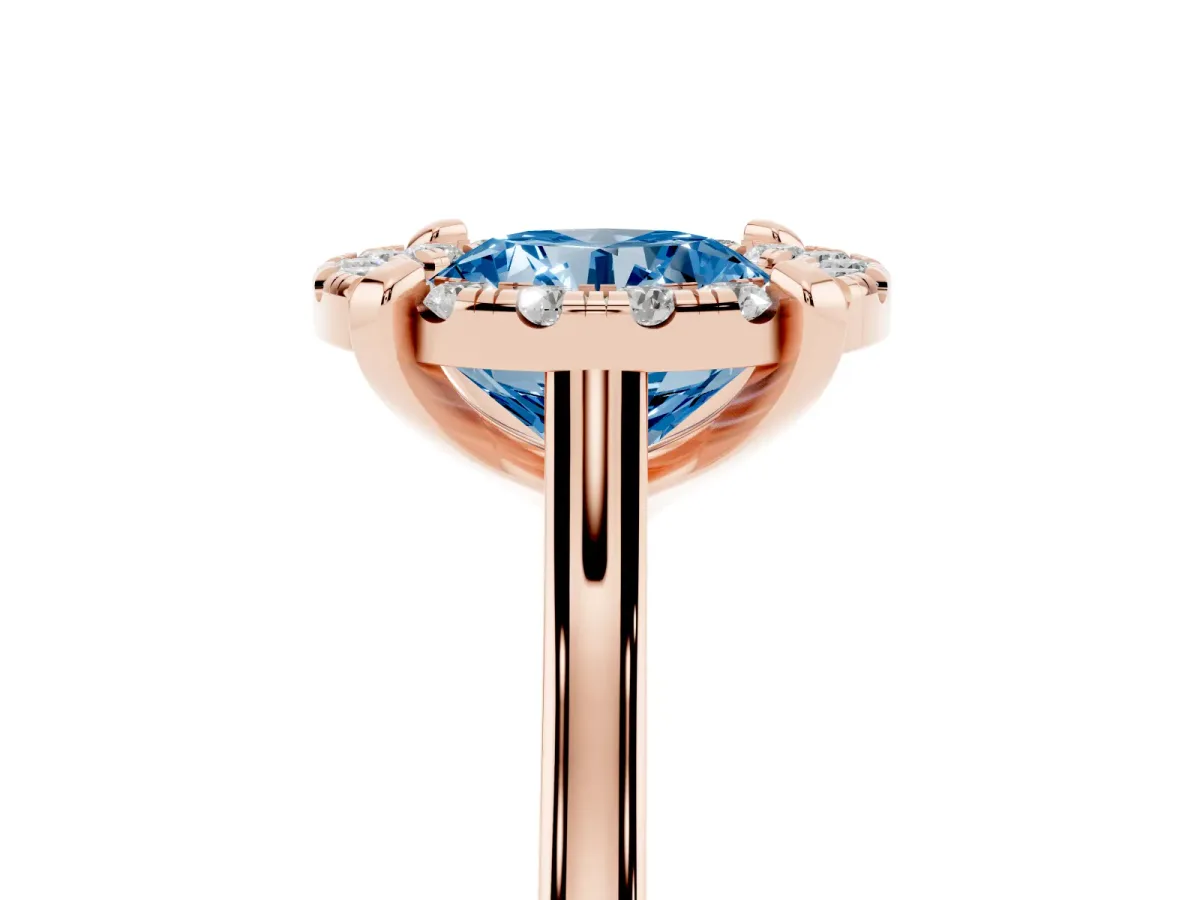 Fancy Blue Round Cut Diamond Cluster Halo Solitaire with Four-Prong Setting Rose gold
