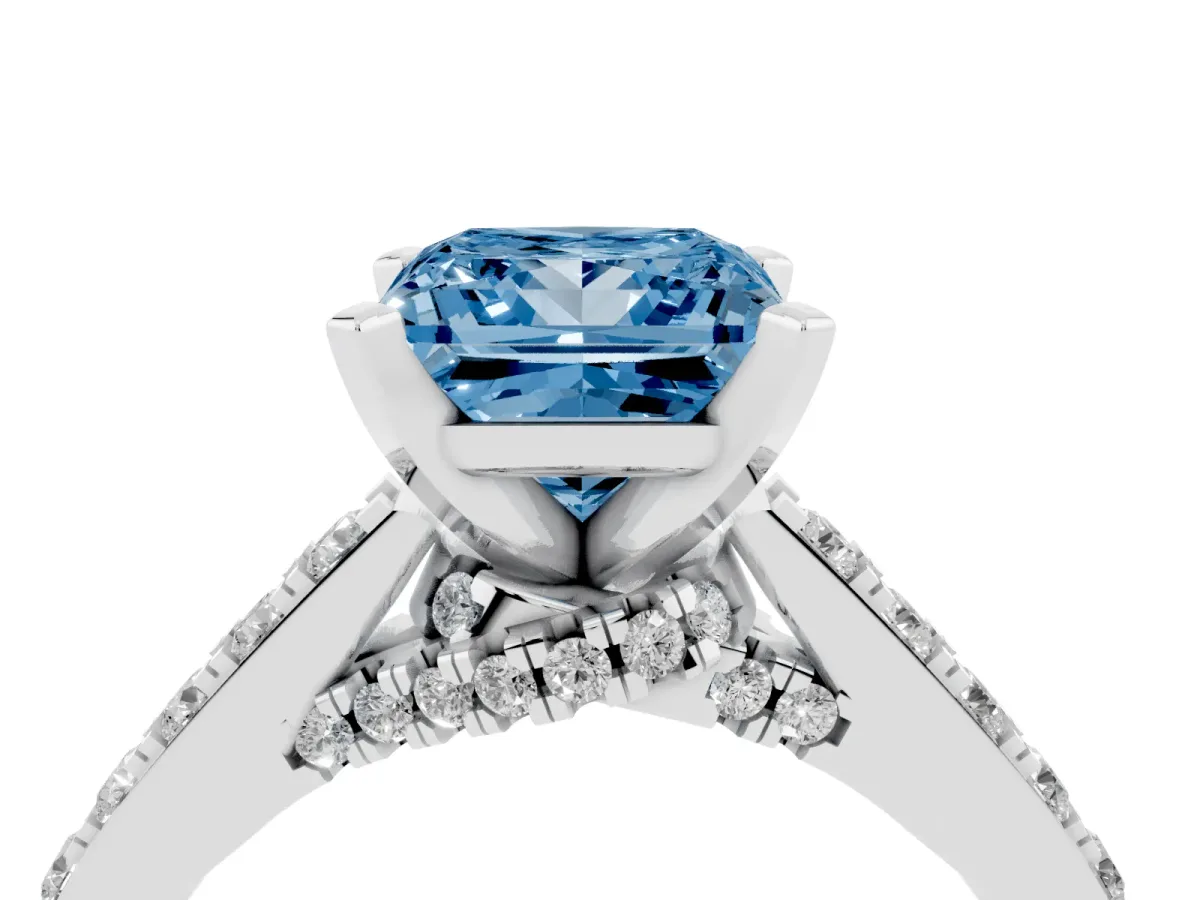 Fancy Blue Princess Cut Diamond Solitaire Ring with Crossover Gallery and Round Pavé Band Platinum