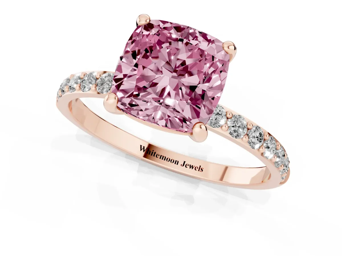 Fancy Pink Cushion Cut Diamond Solitaire Ring with Round Pavé Band and Prong Setting Rose gold