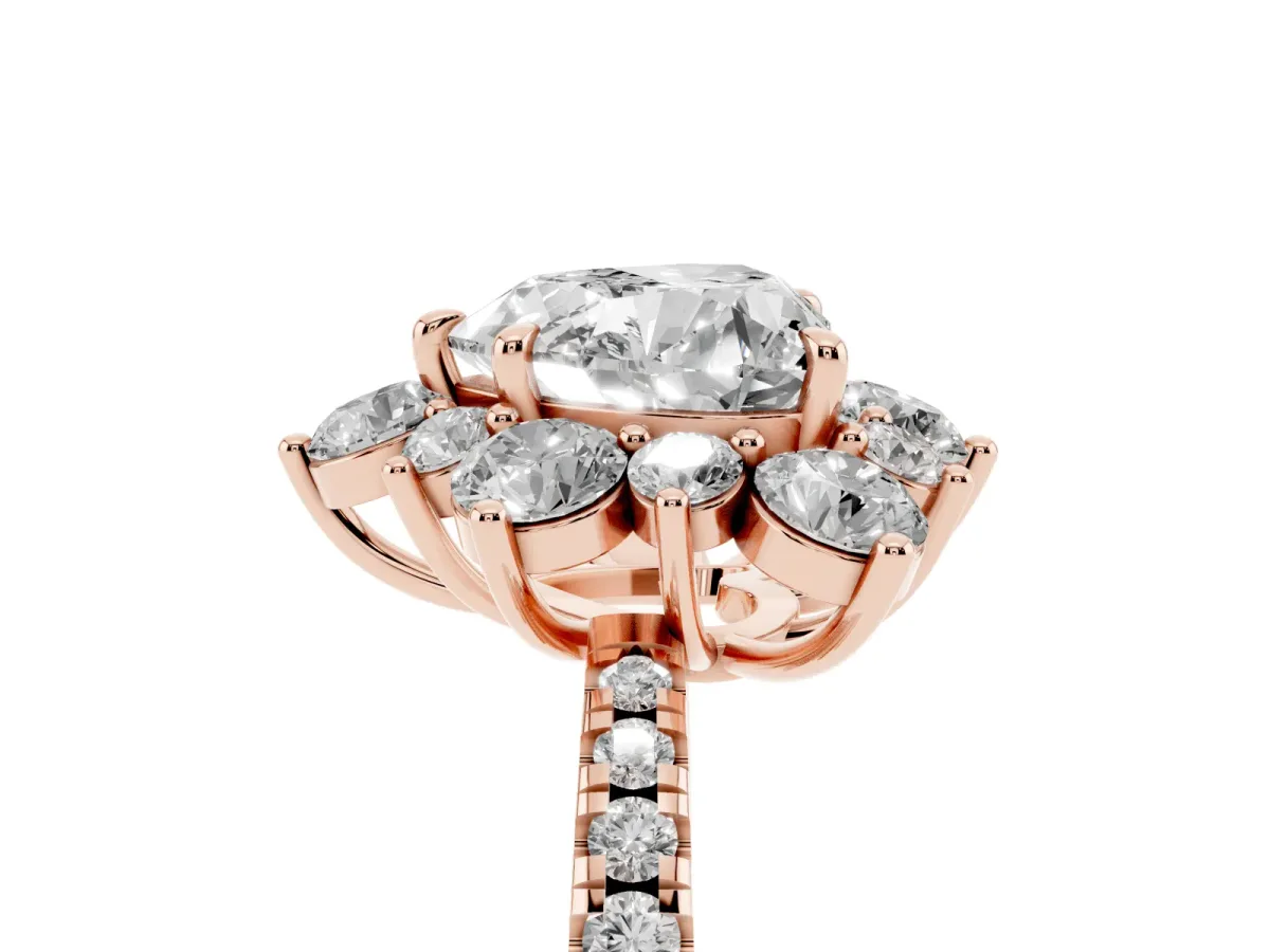 Heart Cut Diamond Floral Halo Ring with Round Pavé Band and Prong Setting Rose gold