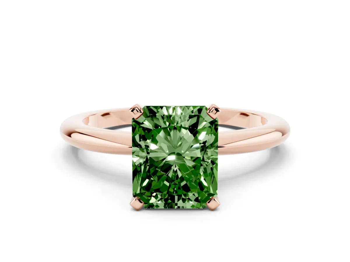 Fancy Green Radiant Cut Diamond Solitaire Ring with Prong Setting and Classic Band Rose gold