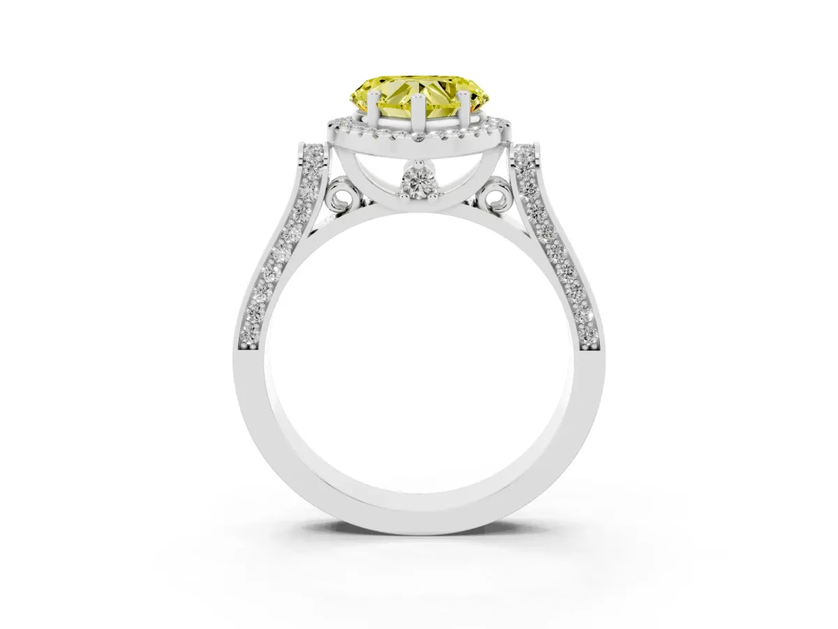 Fancy Yellow Heart Cut Halo Round Diamond Twist Band with Four-Prong Setting Platinum